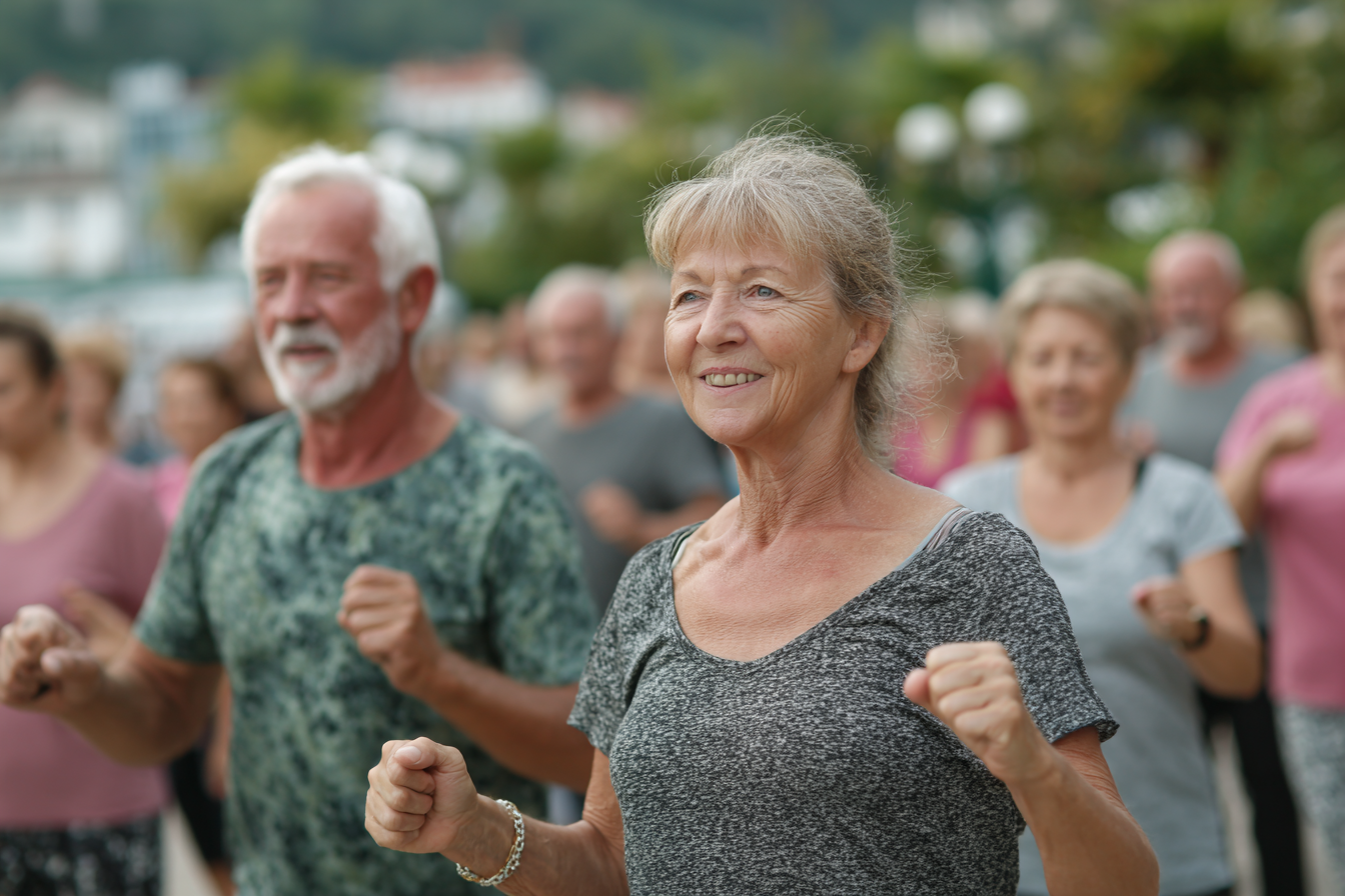 Grupo de seniores praticando exercícios ao ar livre num parque português